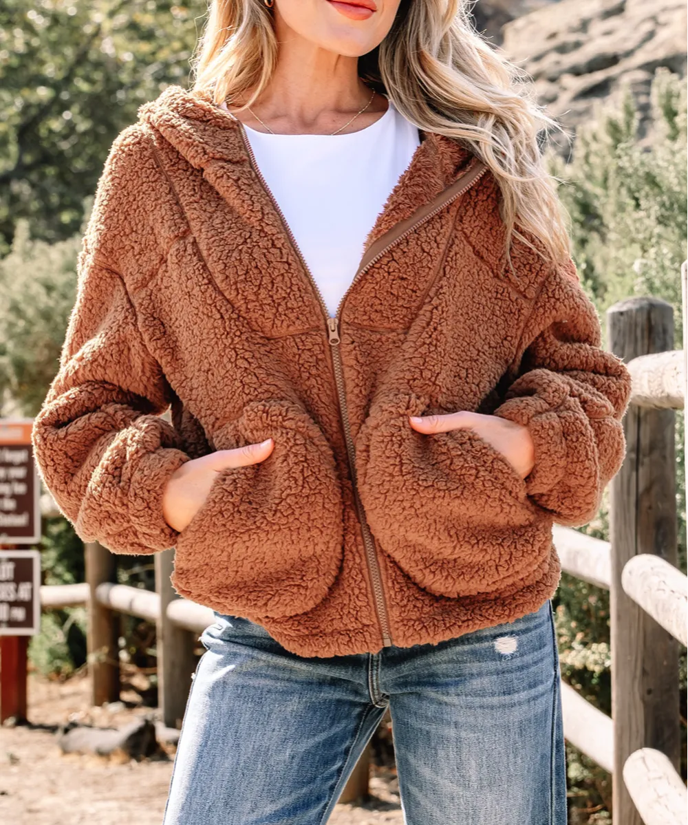 Straw Zip-Up Hooded Sherpa Jacket
