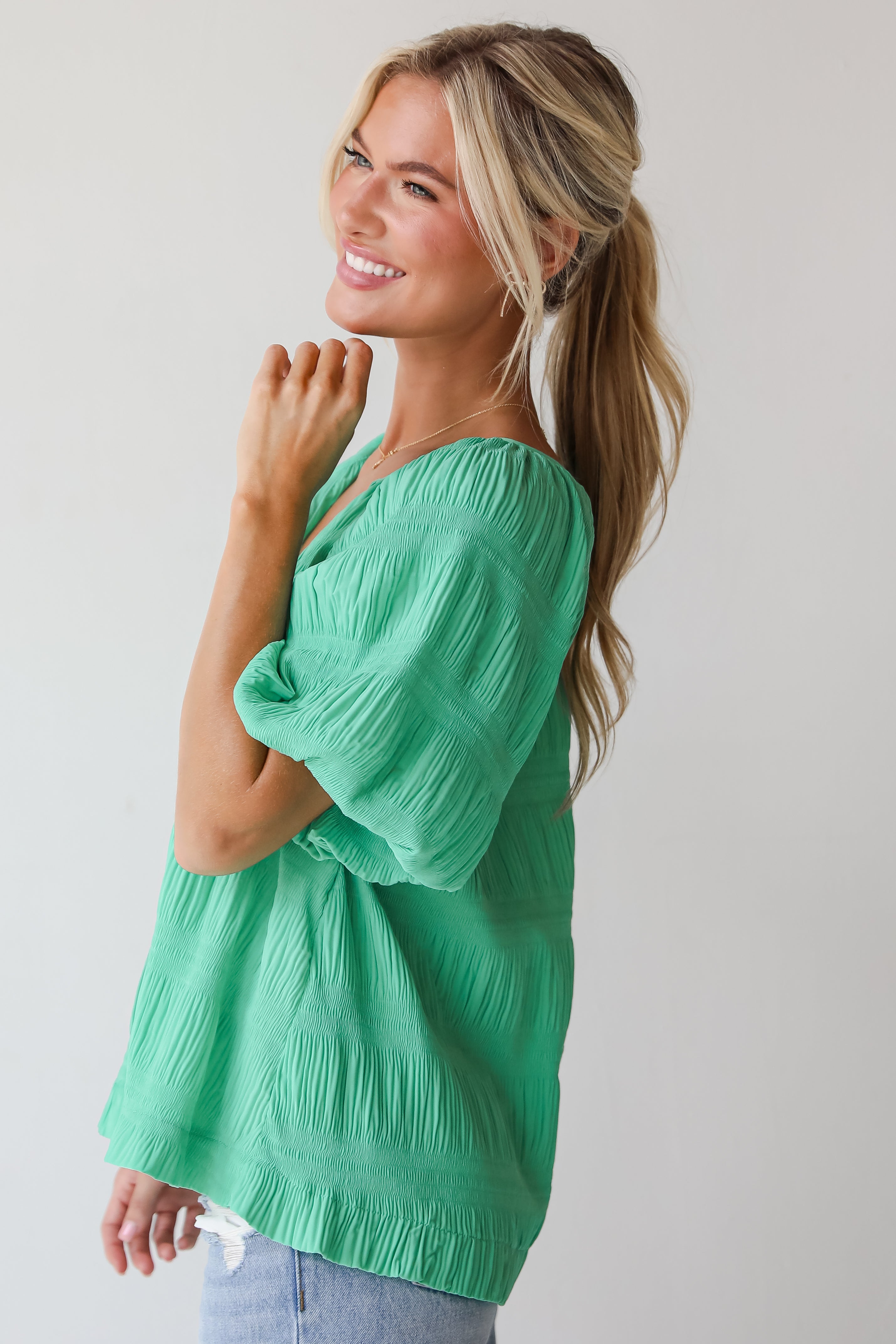 Elegant Confidence Green Textured Blouse