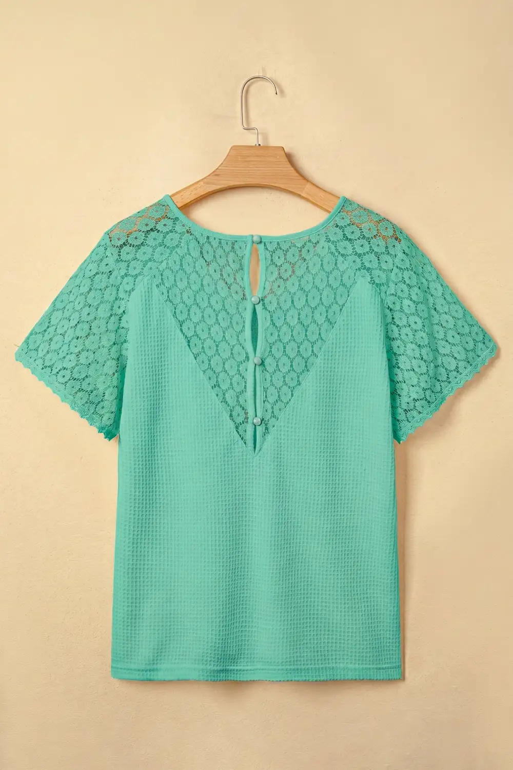 Mint Green Lace Splicing Button Cutout V Neck Waffle Knit Blouse