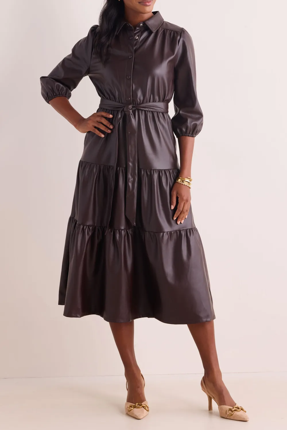 Dark Brown Faux Leather Tiered Midi Dress