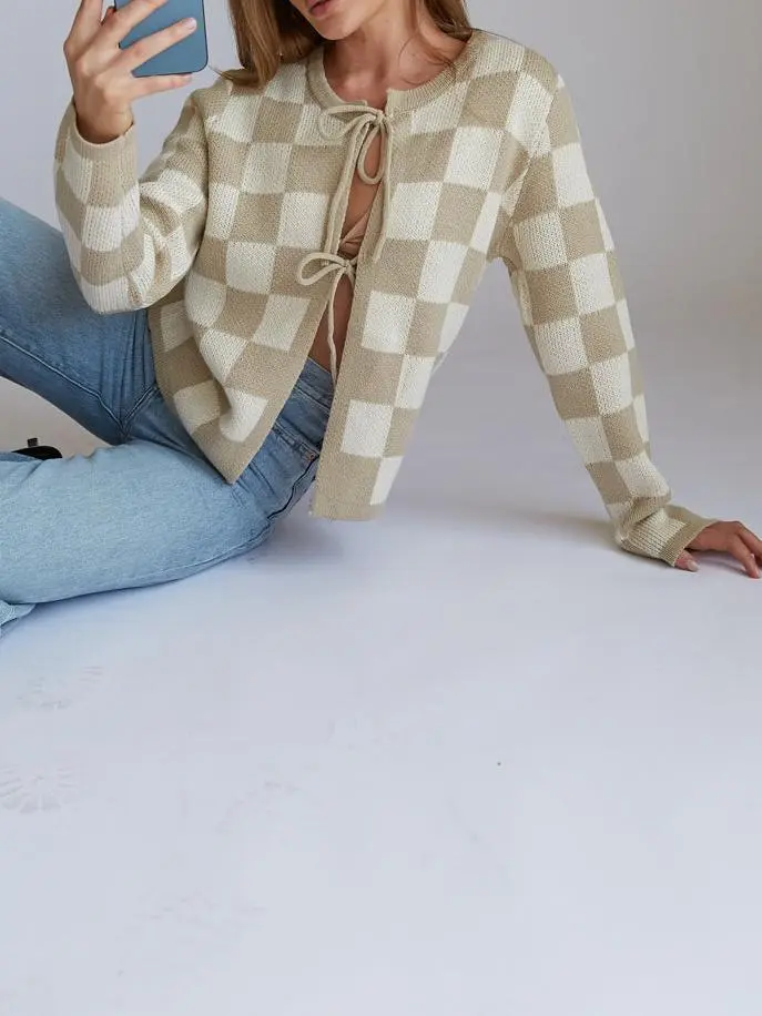 Checkered Knit Bow Cardigan