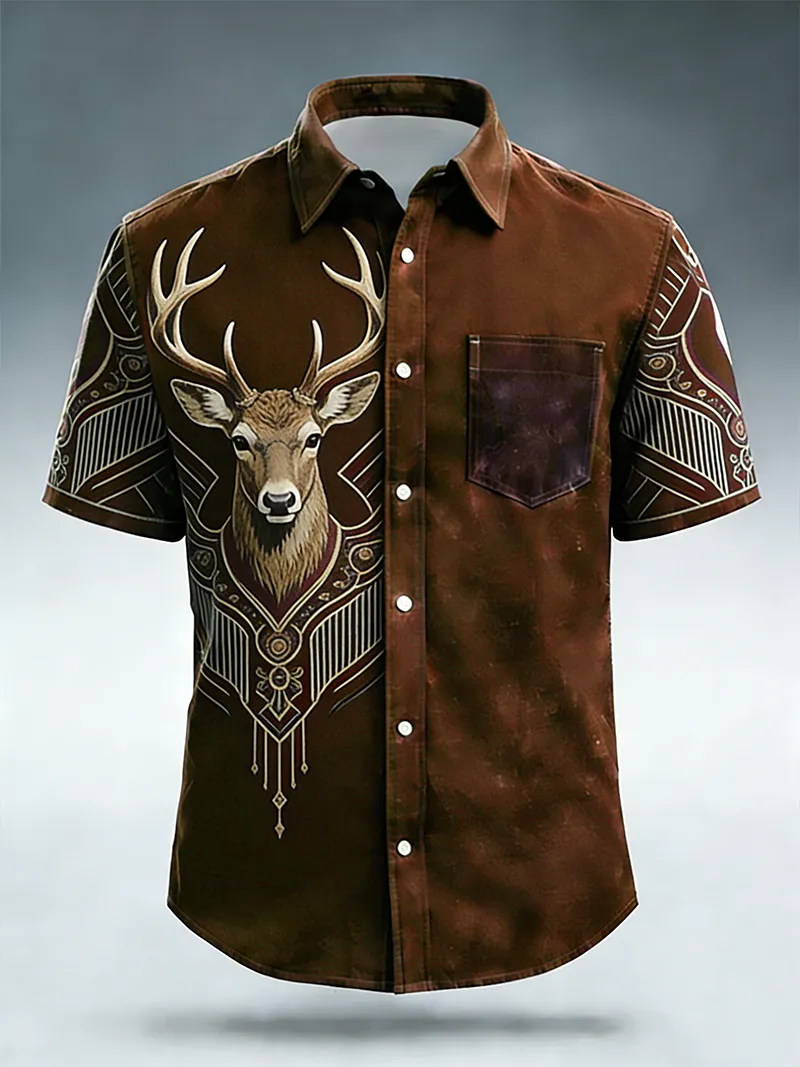 Men's Western Deer Head Art Deco Print Short Sleeve Shirt