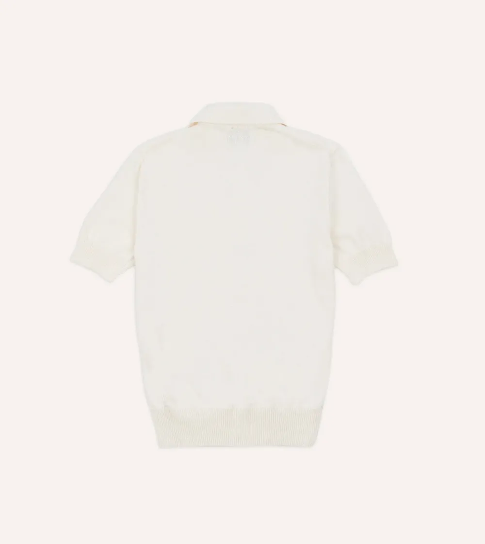 Ecru Knitted Crepe Cotton Short-Sleeve Polo Shirt Daily