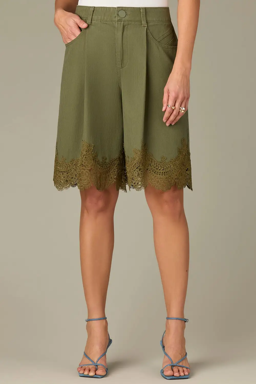 Lace Hem Relaxed Bermuda Shorts Front Pleats