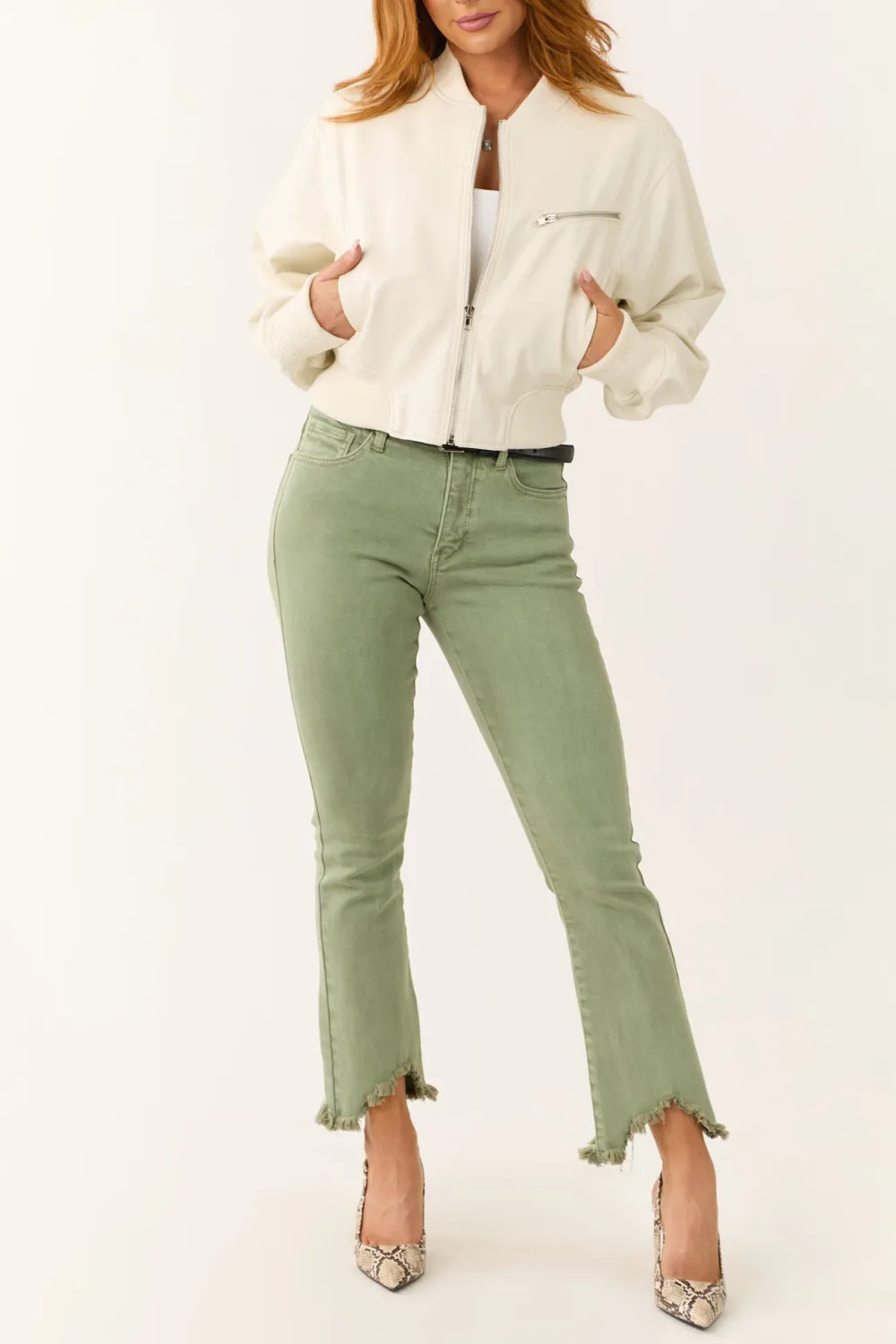Olive Green Frayed Hem Jeans