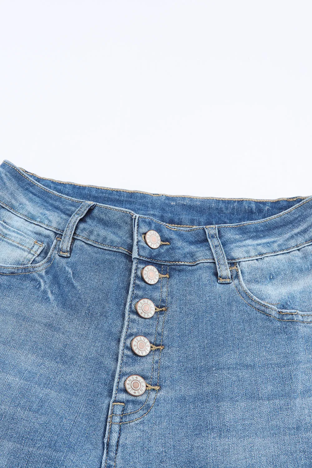 Sky Blue High Waist Buttoned Distressed Flared Jeans