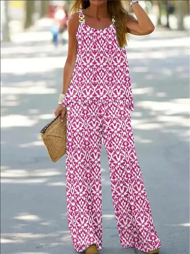 Ethnic Sleeveless Spaghetti Casual Grommets Two-Piece Set