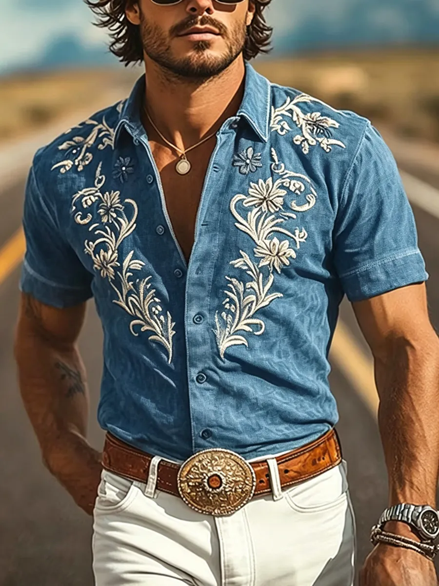 Men's Vintage Western Print Short Sleeve Shirt