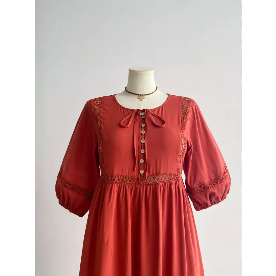 Plus Size Tie Neck Puff Sleeve Midi Dress with Lace Trim