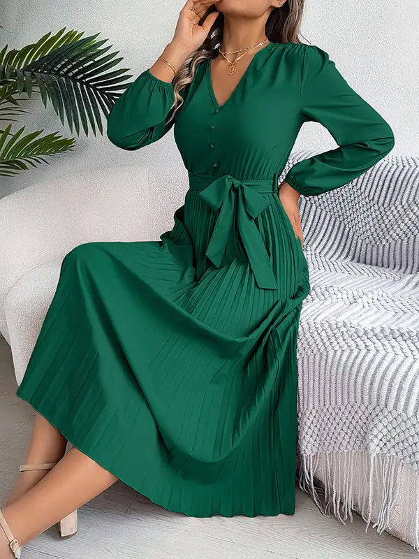 Pleated Buttoned Belted Long Neck Maxi Dress