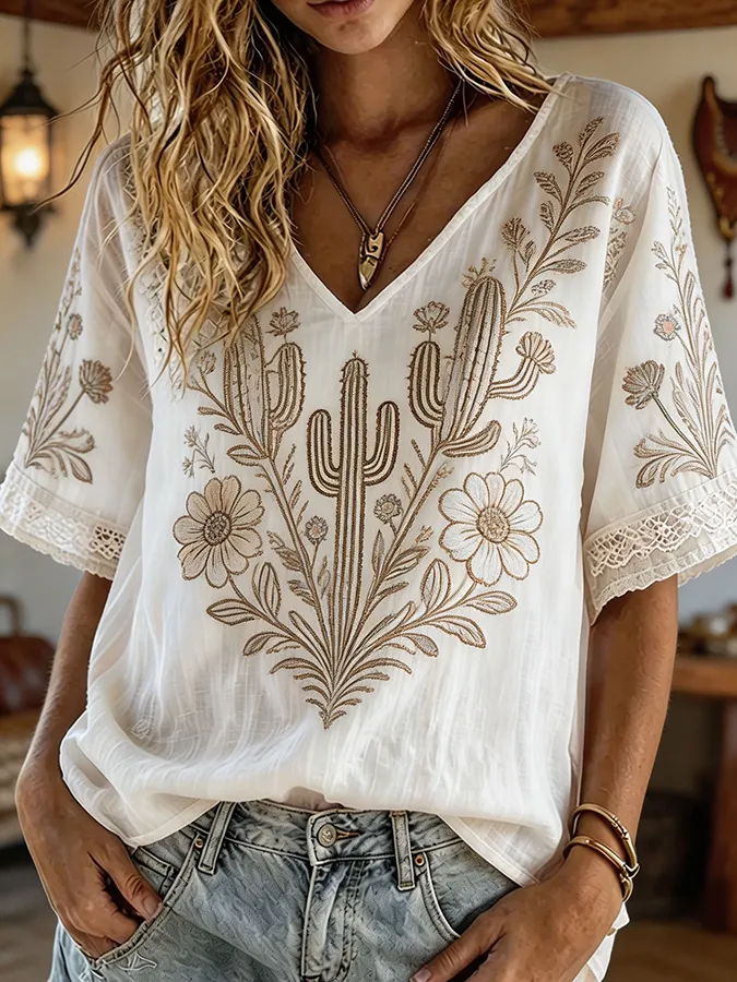 Women's Cactus Floral Embroidered Boho Western V-Neck Blouse