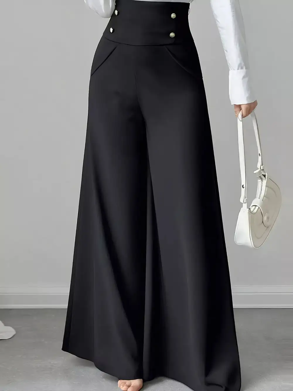 Everyday High Waist Wide Leg Button Decor Pants