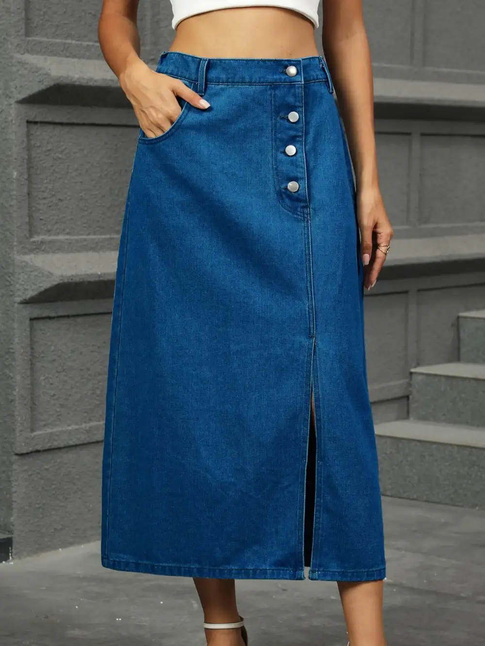 Slit Button Detail Denim Skirt