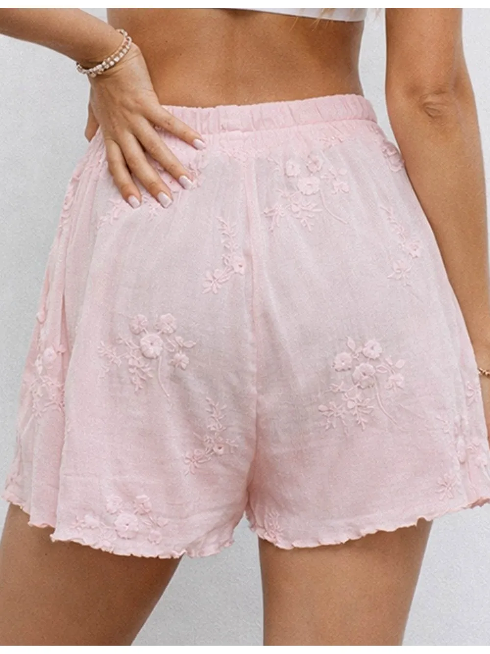Embroidery Elastic Waist Solid Color Wide Leg Shorts
