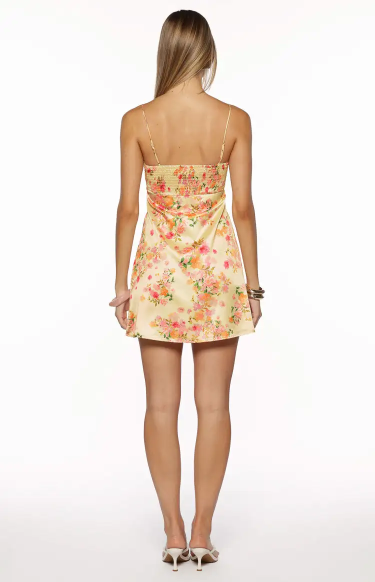 Ruched Floral Satin Bloom Mini Dress
