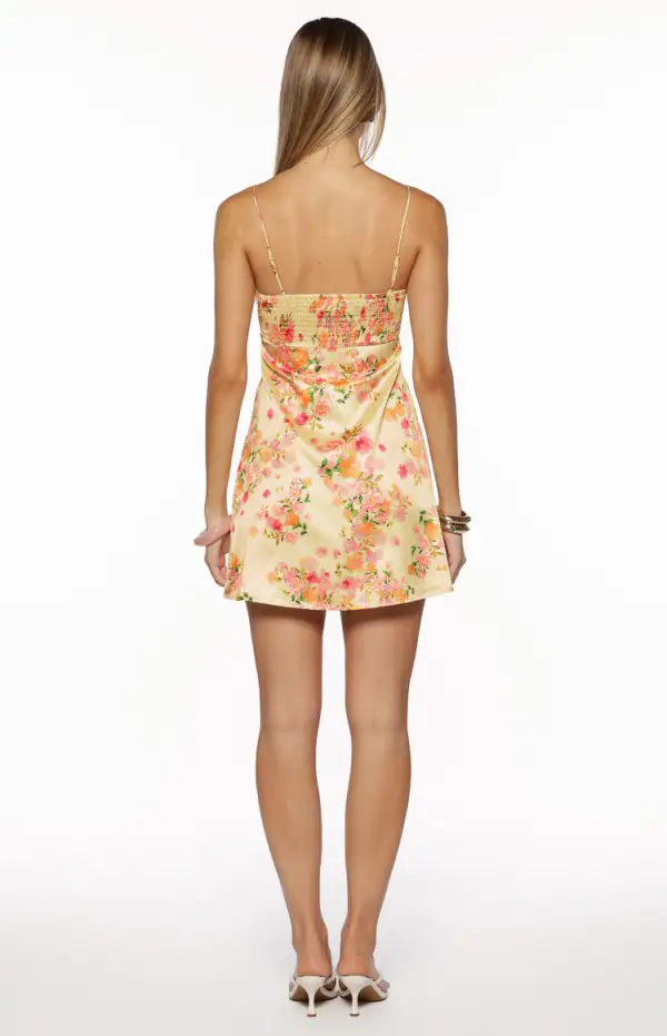 Ruched Floral Satin Bloom Mini Dress