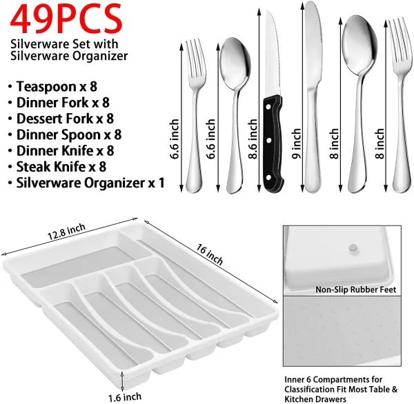 49-Piece Silverware Set with Flatware Drawer Organizer, Durable Stainless Steel Cutlery Set for 8, Mirror Polished Kitchen Utensils Tableware Service with Steak Knives Dinner Fork Knife Spoon & Tray