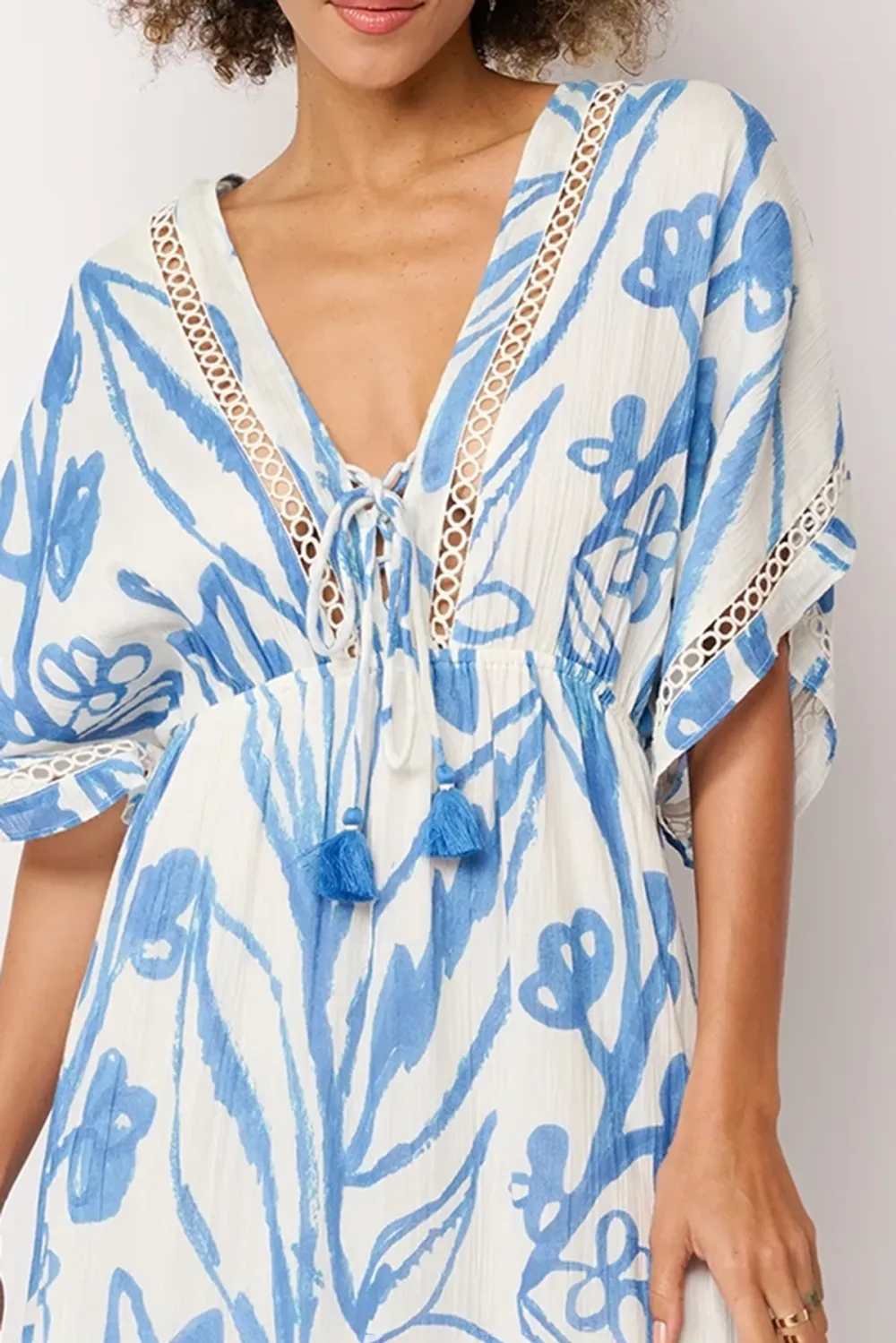 Blue And White Botanical Print V Neck Maxi Dress