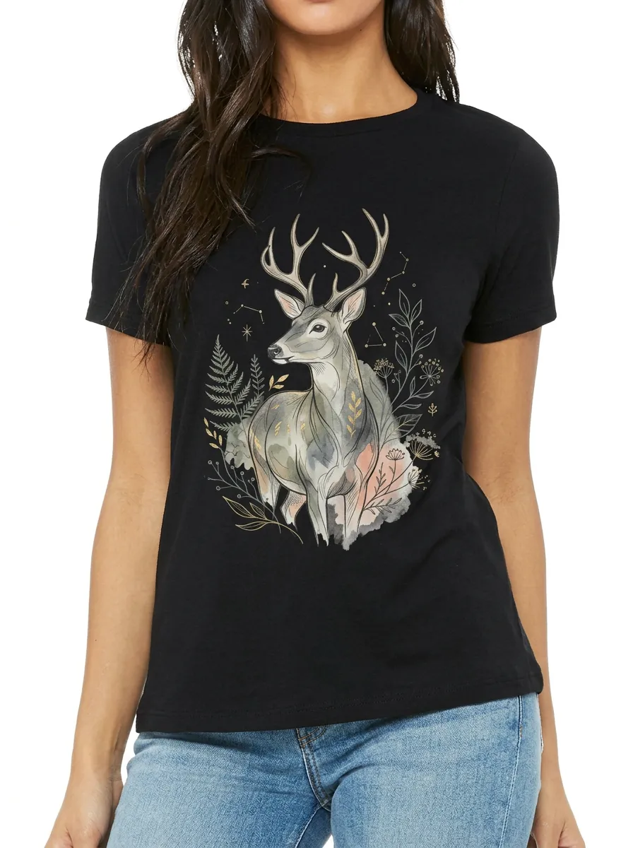 Women's Nature Wildlife Deer Floral Printed T-shirt