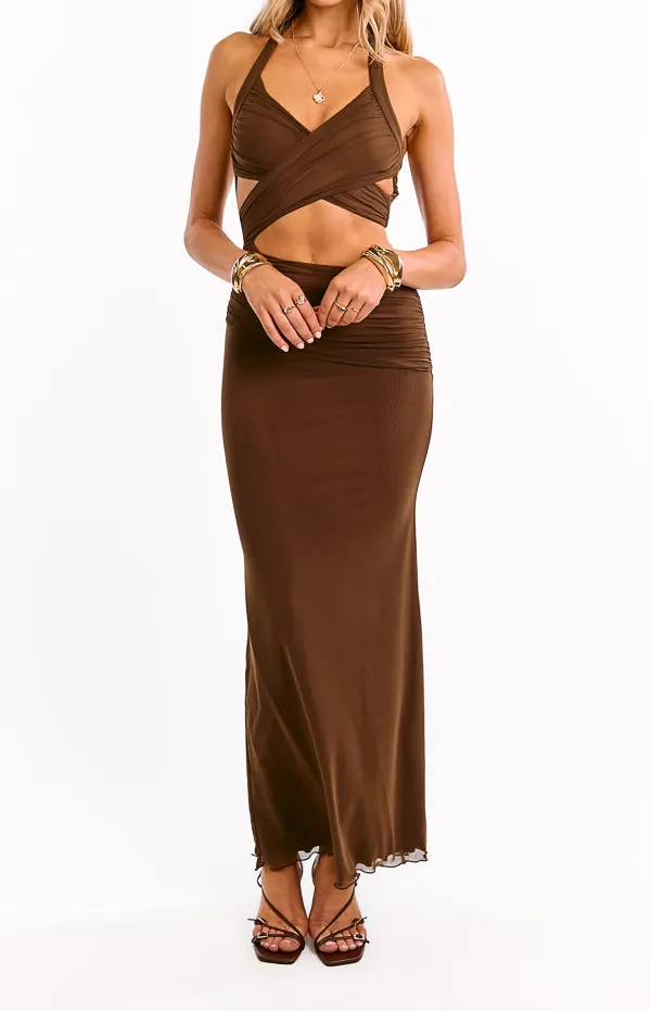 Halter Halter Neck Mesh Ruched Maxi Dress