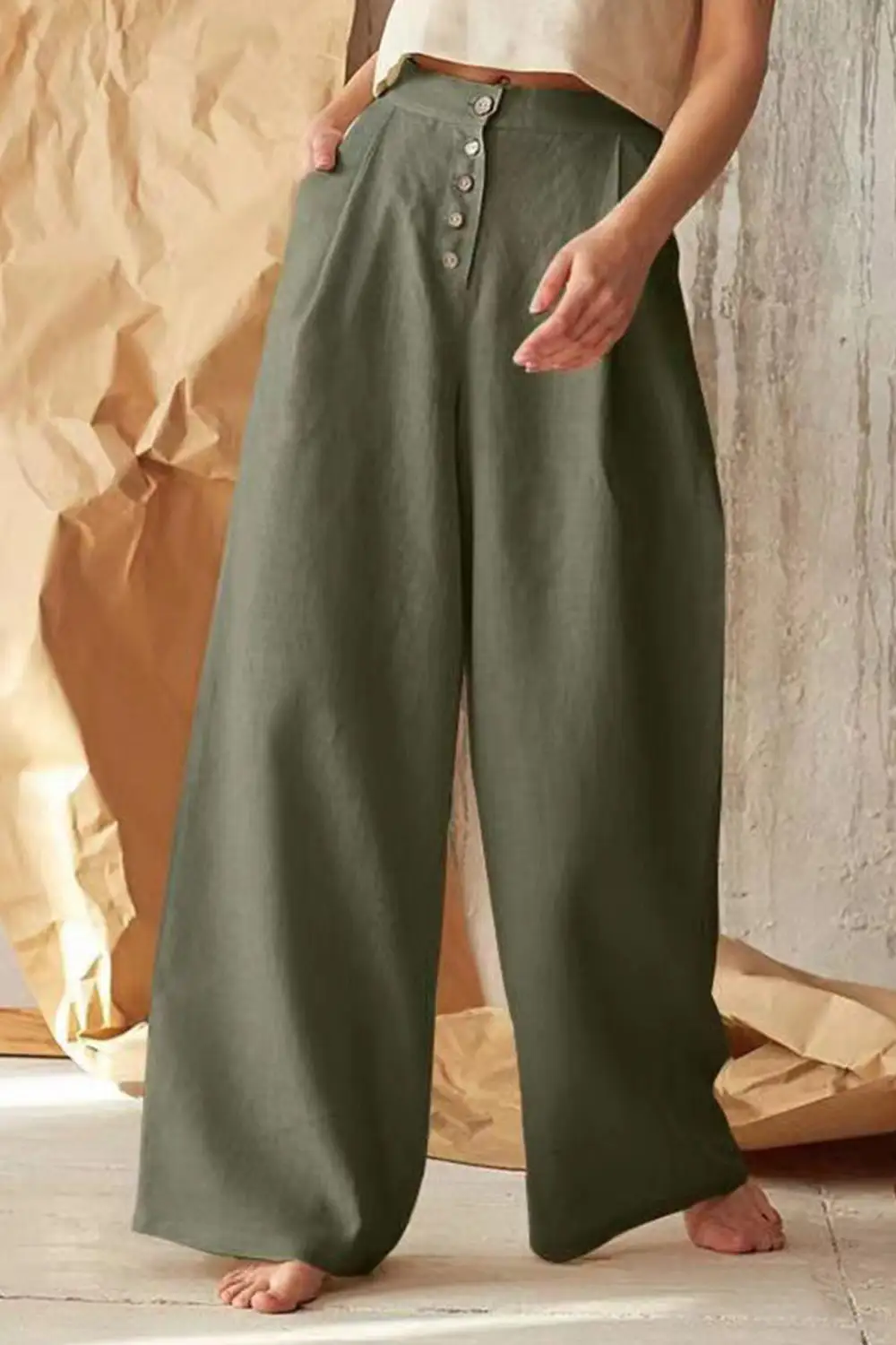 Button Front Wide Leg Pants
