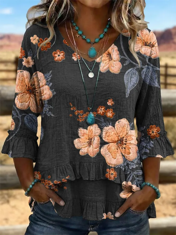 Vintage Art Patchwork Irregular Ruffles Shirt