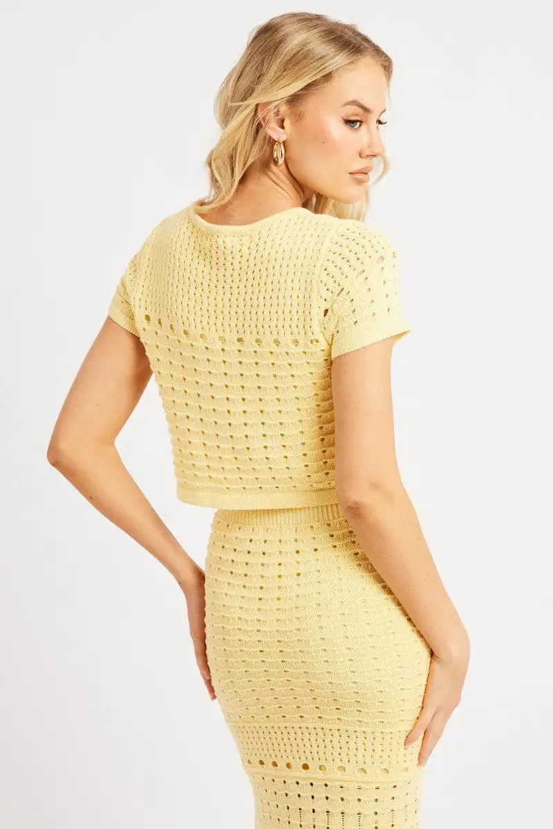 Yellow Knit Top Short Sleeve Crew Neck