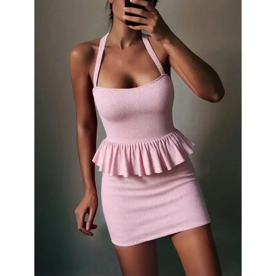 Ribbed Halter Neck Peplum Mini Dress