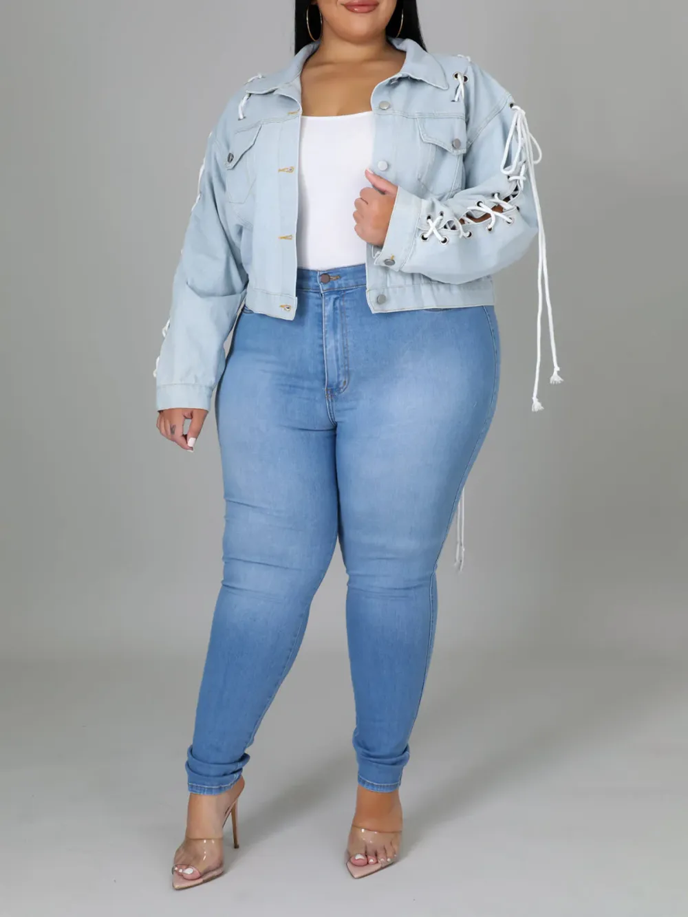 Plus-Size Fashion Women'S Lace-Up Denim Jacket