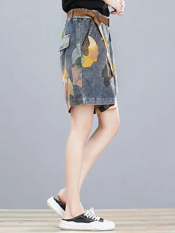 Originele Denim Shorts Met Wijde Pijpen En Bloemen