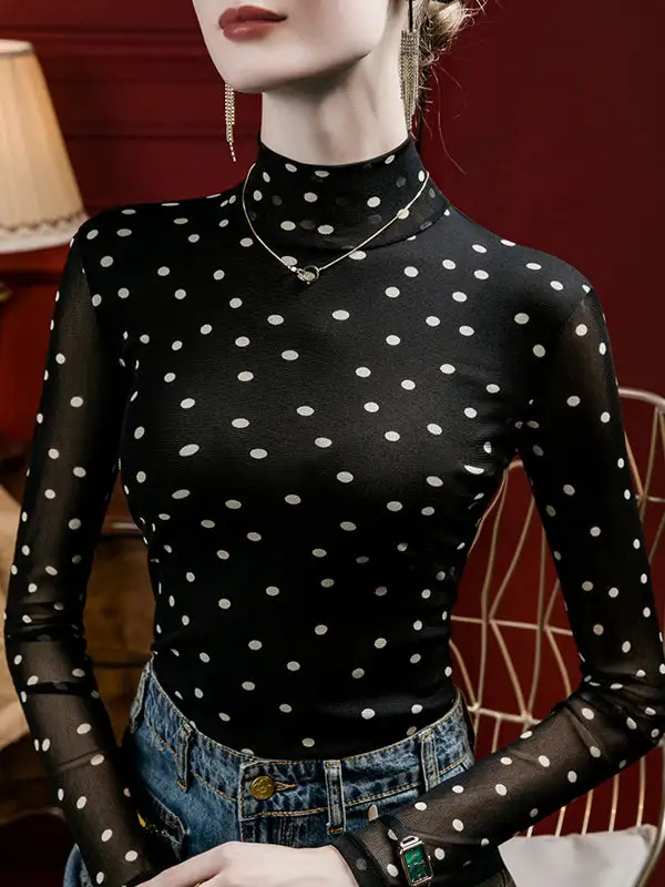 Long Sleeve Curve Fit Polka Dot Mock Neck T-Shirt