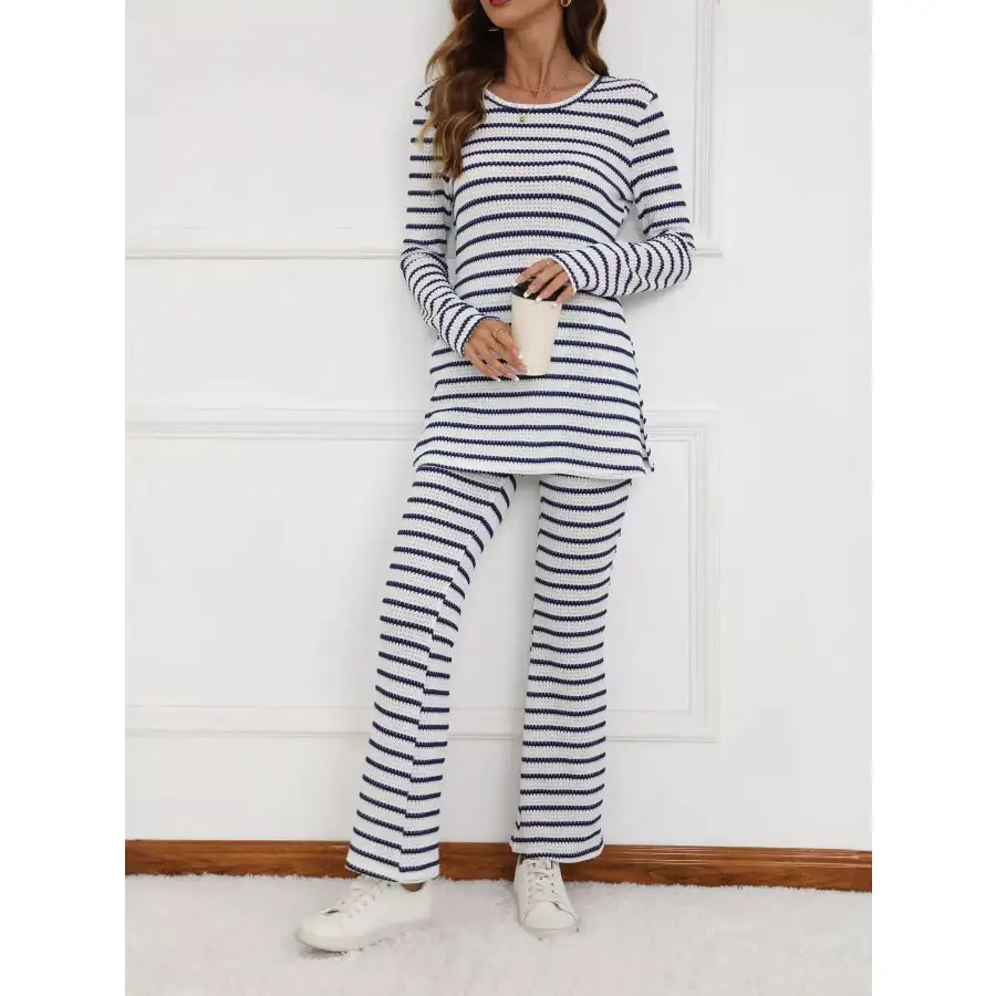 Slit Striped Long Sleeve Top and Pants Set