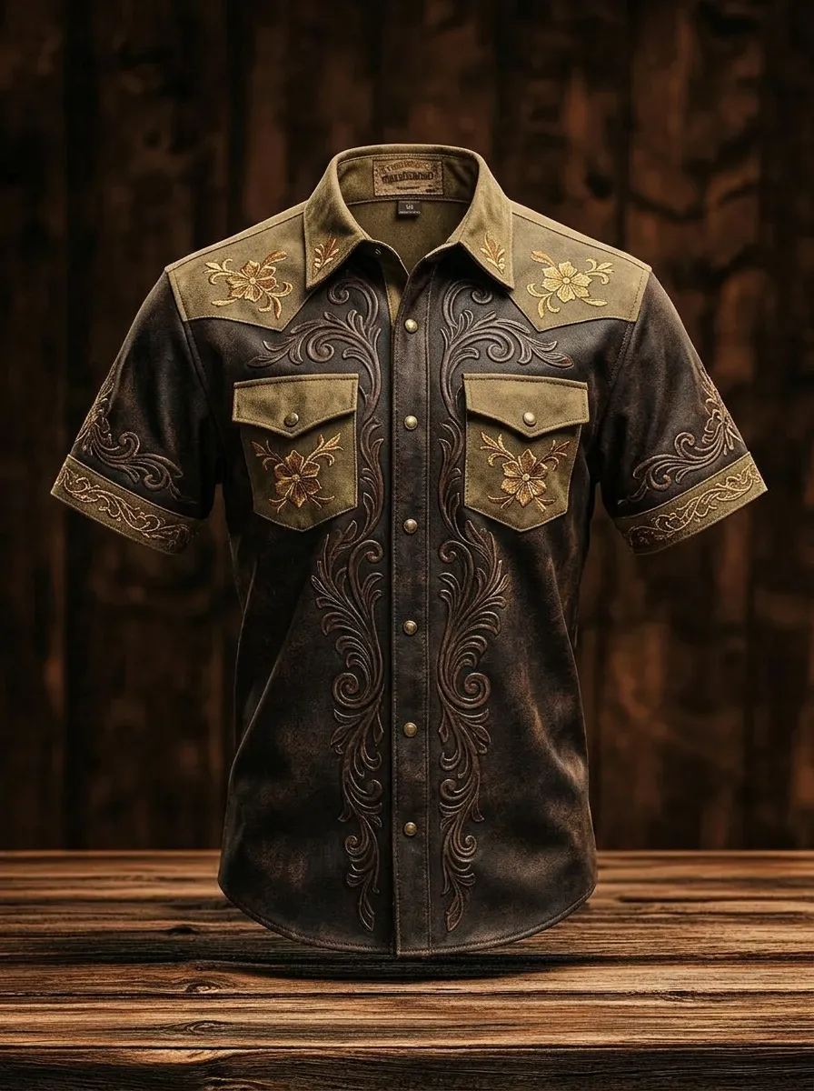 Men's Western Cowboy Floral Embroidery Printed Shirt-5