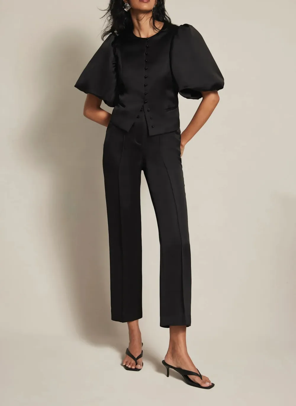 Casual Style Black Puff Sleeve Satin Jacket
