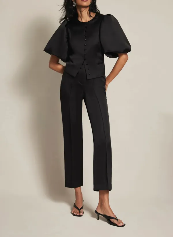 Casual Style Black Puff Sleeve Satin Jacket