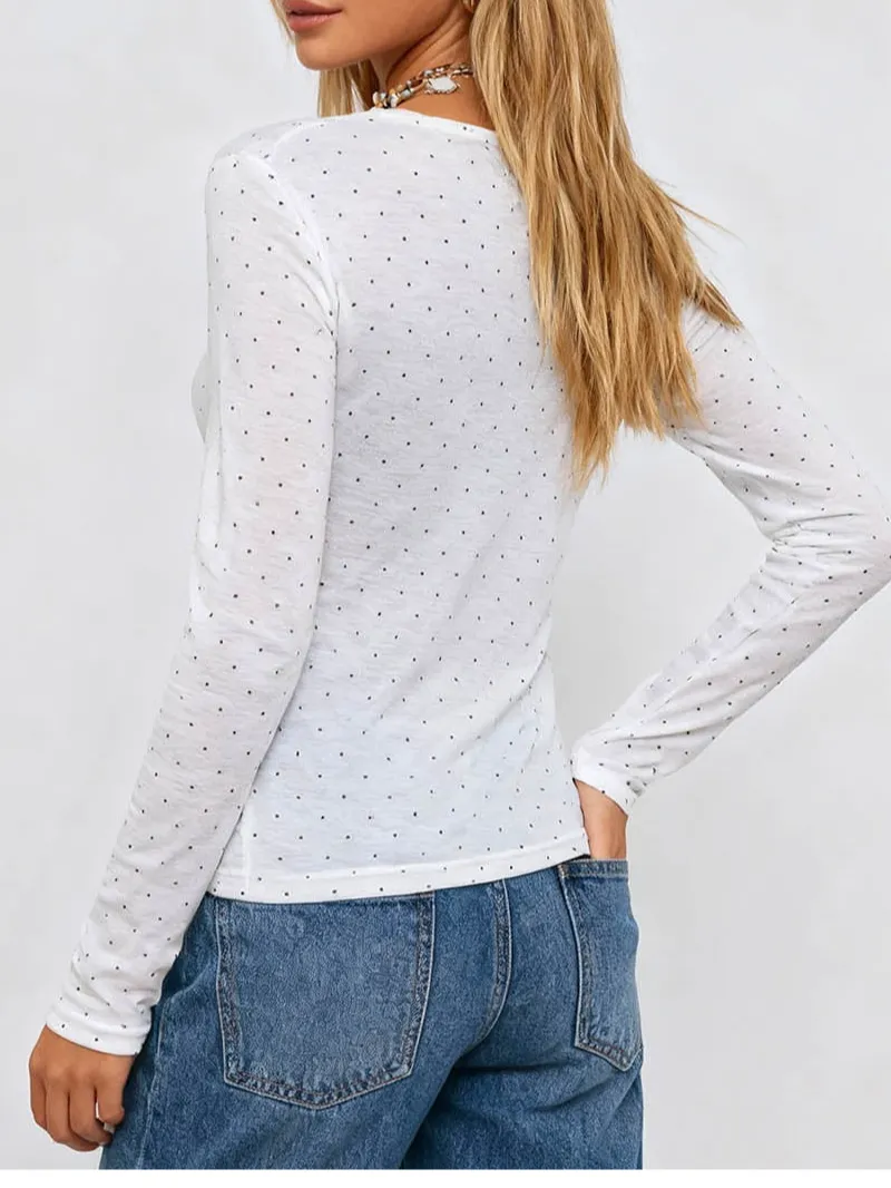 Chic Polka Dot Round Neck Long Sleeves Top