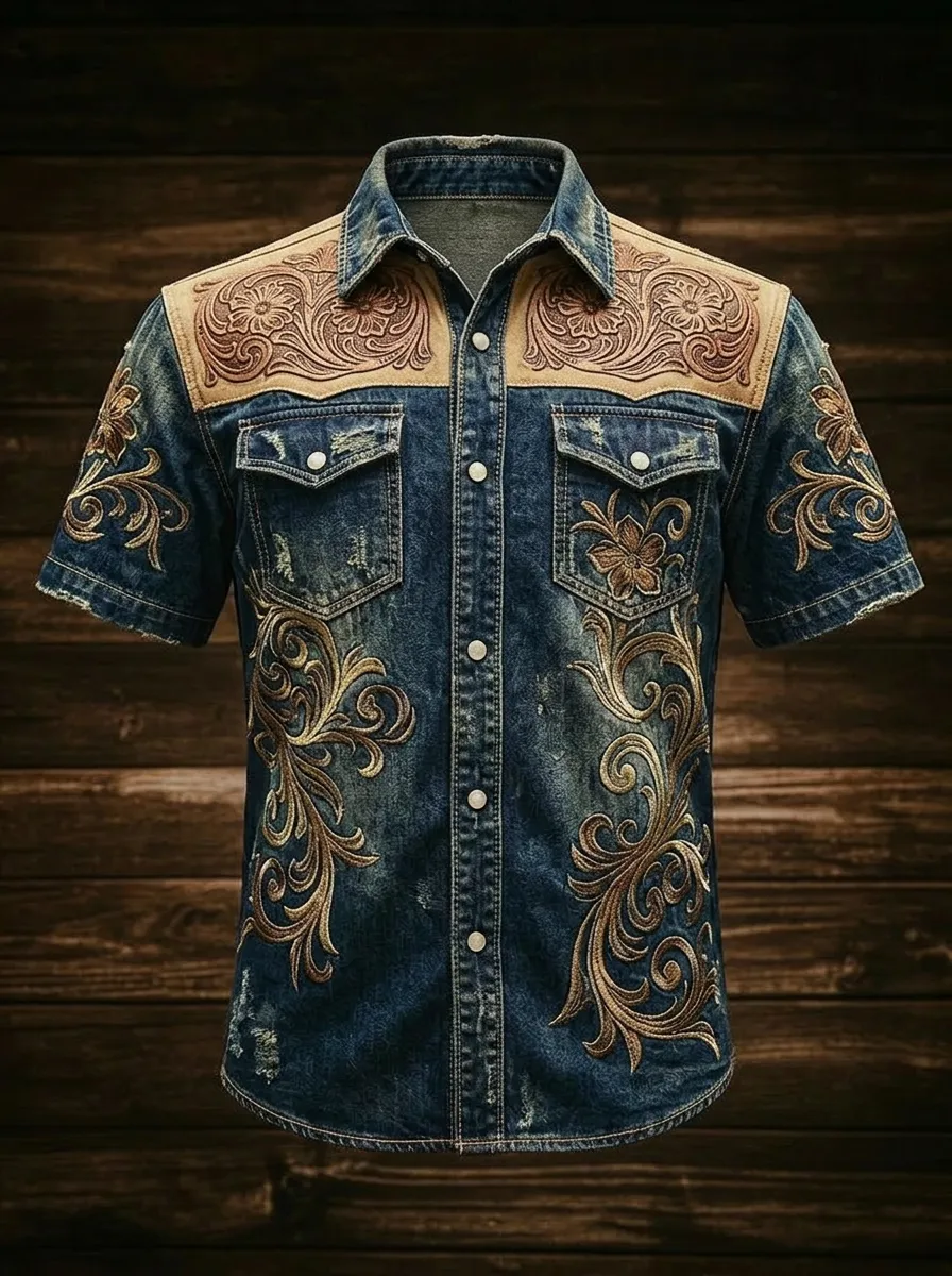 Men's Western Cowboy Floral Tooled Leather Print Denim Shirt-5