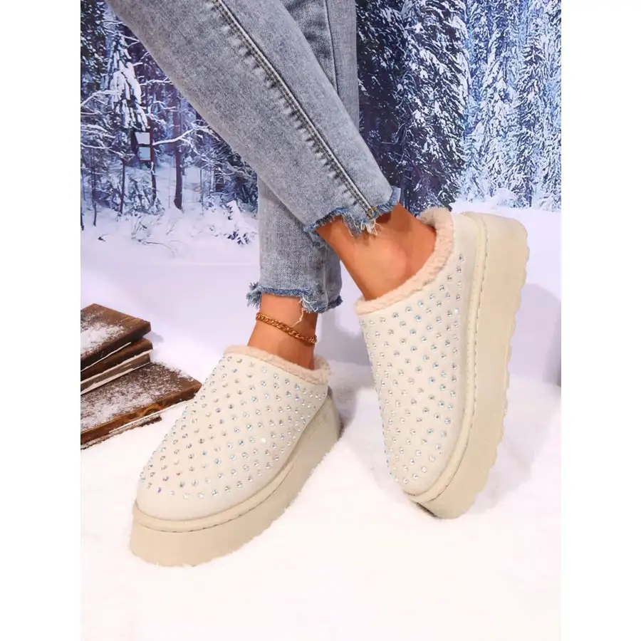 Rhinestone Round Toe Platform Slippers