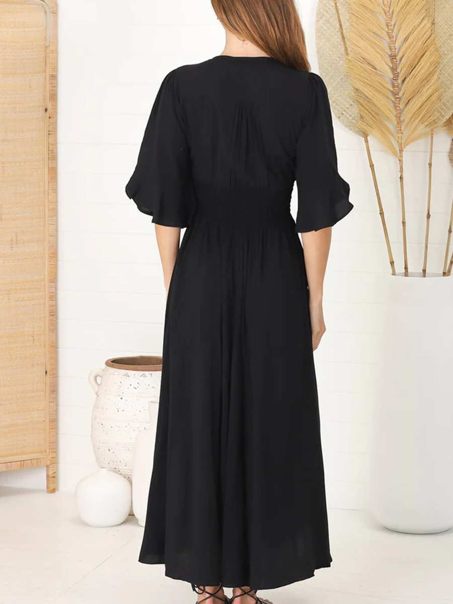 Black V-neck waist boho simple dress