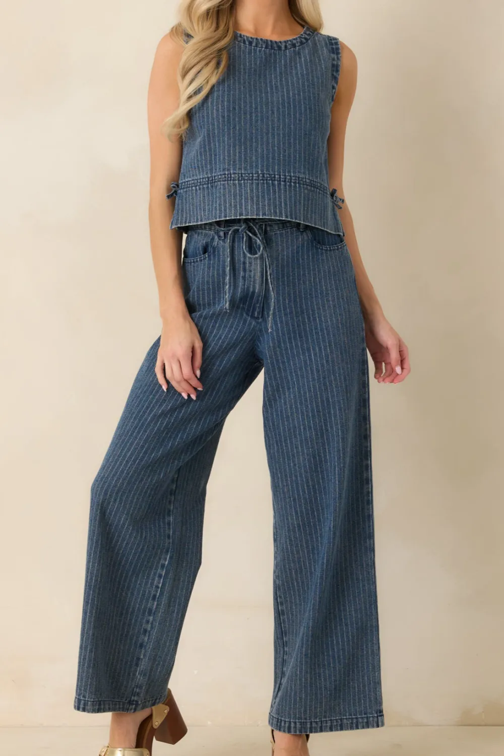 Indigo Stripe Cotton Denim Drawstring Pants