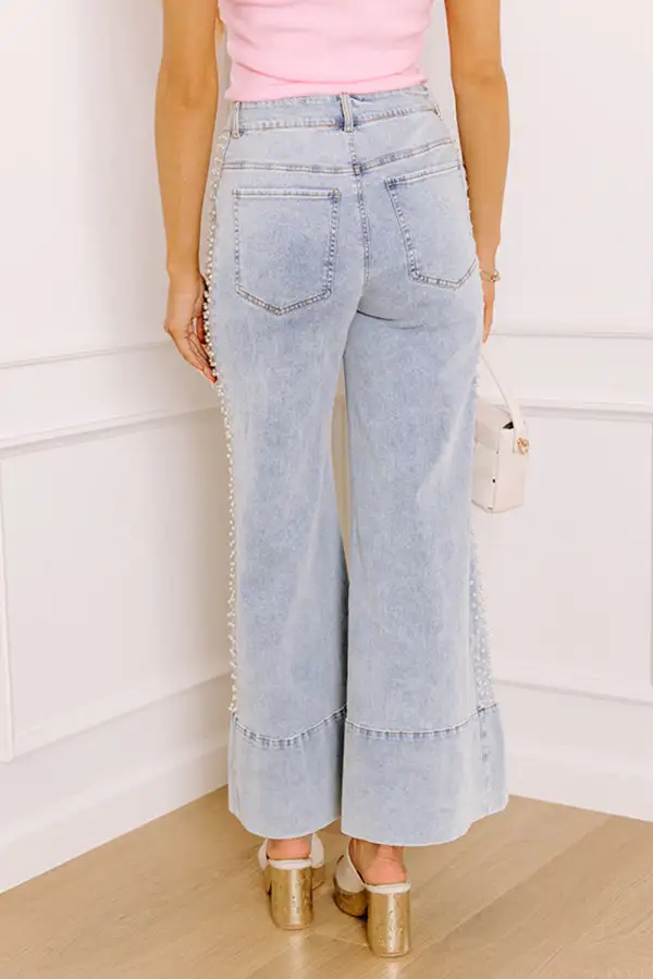 Mid Rise Pearl Embellished Split Wide Leg Jeans