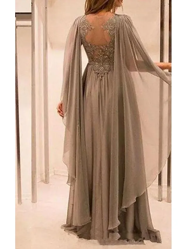 A-Line Plus Size Curve Mother of the Bride Dresses Elegant Cape Dress Dress Formal Wedding Guest Floor Length Short Sleeve V Neck Chiffon with Pleats Beading 2024