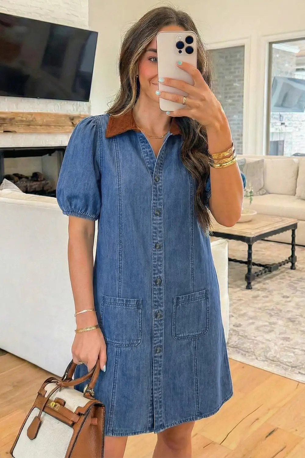 Patchwork Denim Puff Sleeve Mini Dress