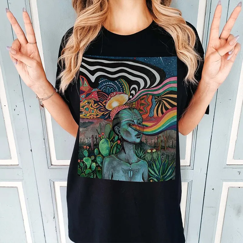 Women's Hippie Print Round Neck Short Sleeved T-shirt