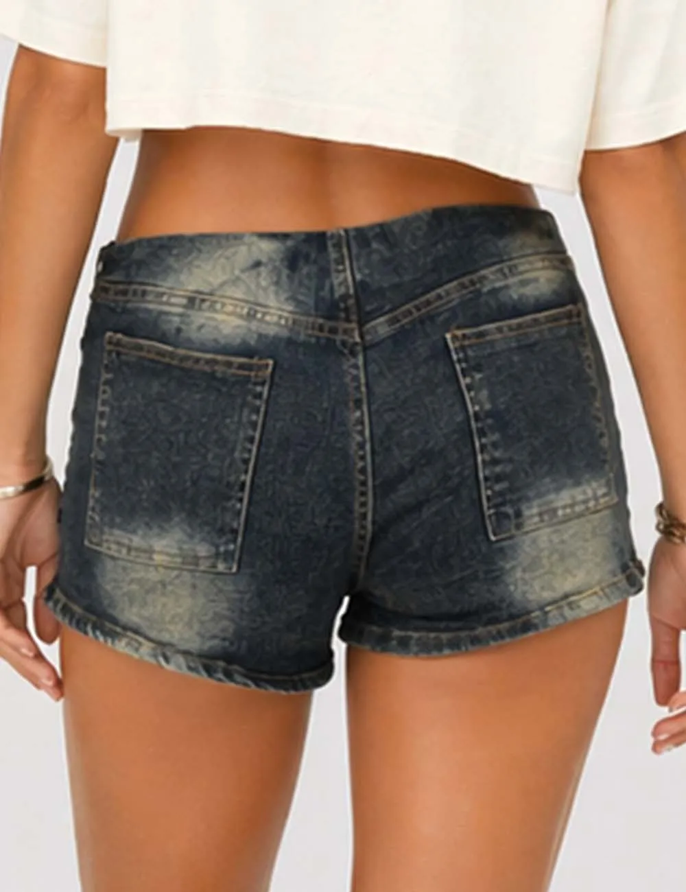 Metal Eyelet Wrap Denim Mini Shorts