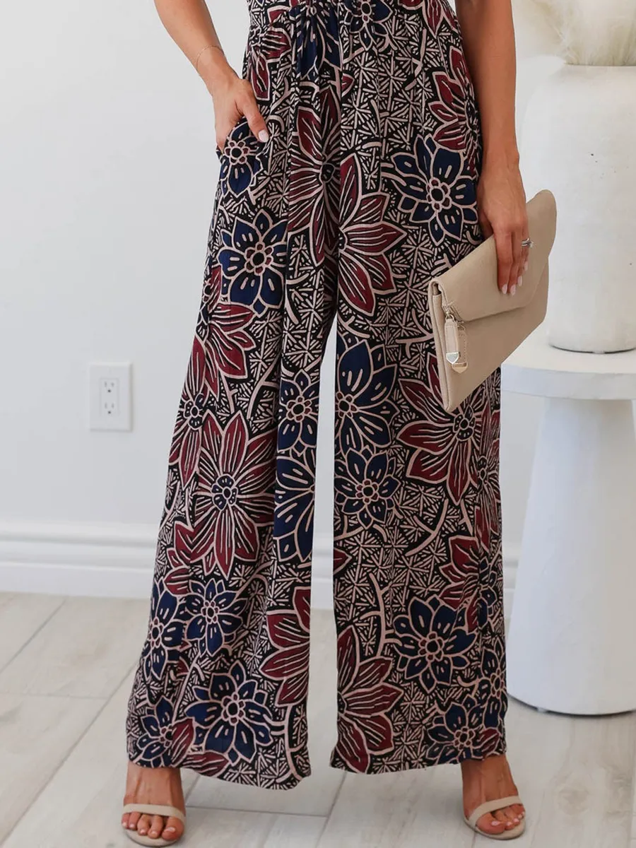 V-neck floral pleated wide leg jumpsuit