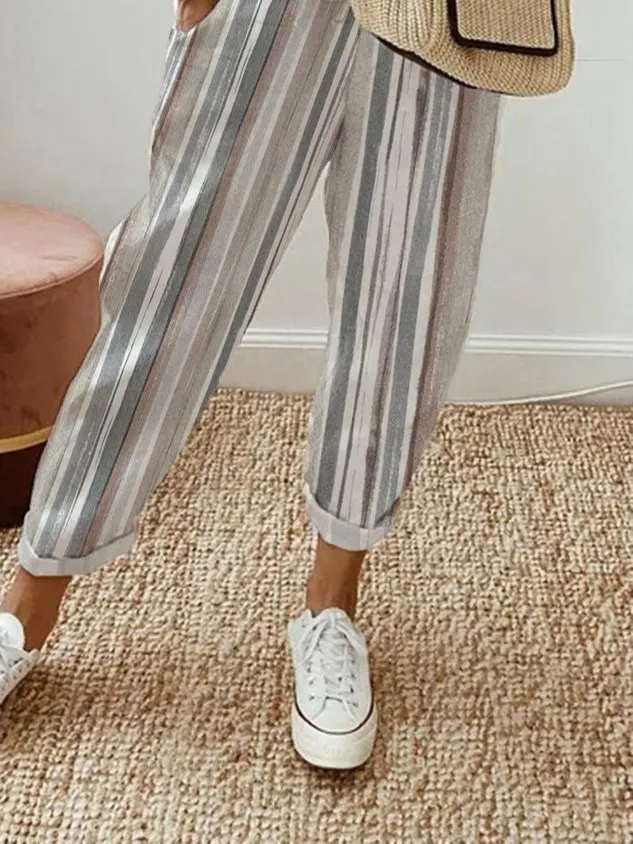 Striped Casual Pockets Loose Elastic Waist Pants