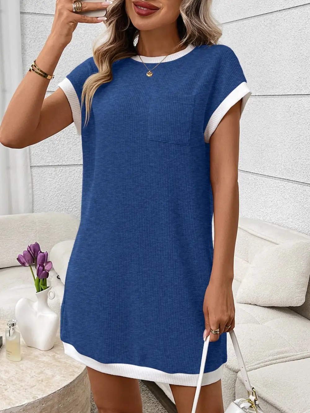 Ribbed Knit Pocketed Mini Dress