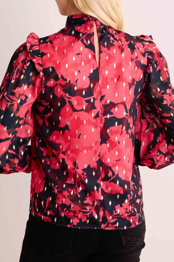 Red Polka Dot Balloon Sleeve High Neck Blouse