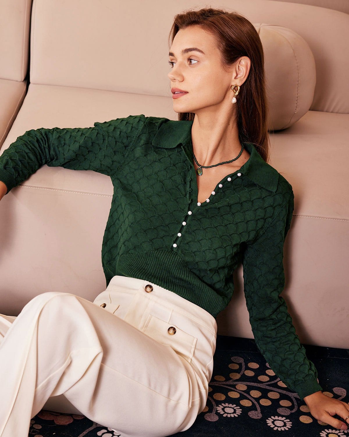 The Dark Green Lapel Ribbed Textured Knit Top